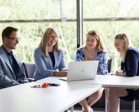 Employees sat at a desk looking at a laptop